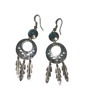 Vintage Womens Dangle Earrings Stamped Turquoise Feather Sterling Silver